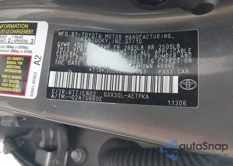 2011 Toyota Avalon Limited из США, поврежденный, VIN 4T1BK3DB9BU387753